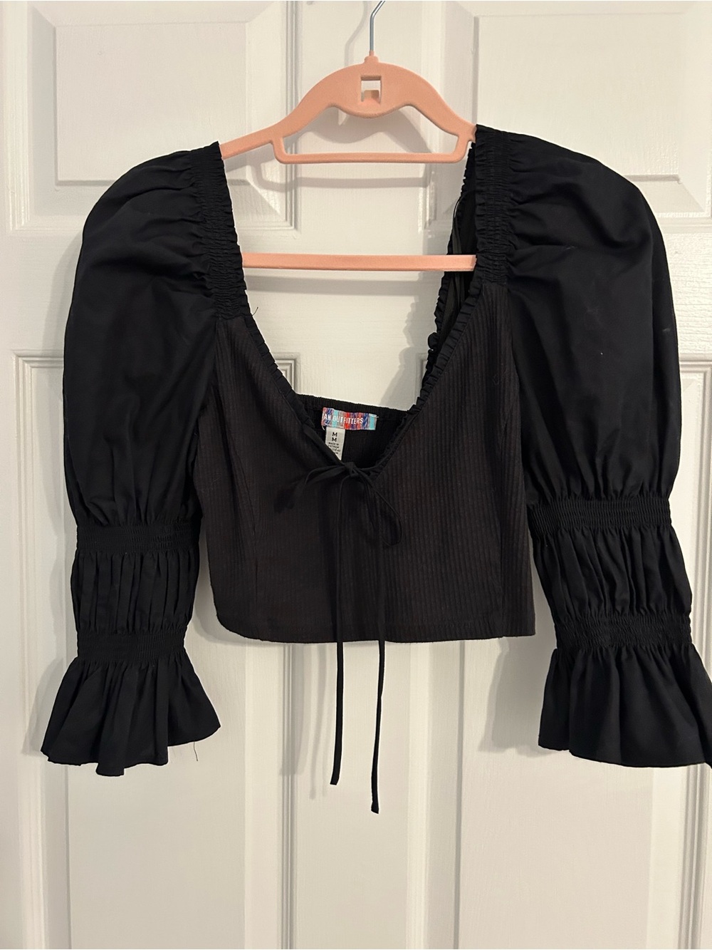 Urban Outfitters Black Puff-Sleeve Tie-Front Crop Top